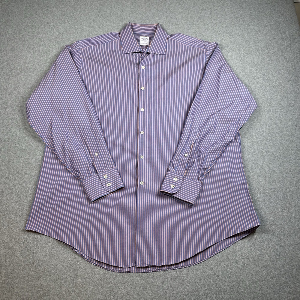 Brooks Brothers Blue Orange Stripe Dress Shirt 16.5 35 (L) USA Cotton - Picture 1 of 6